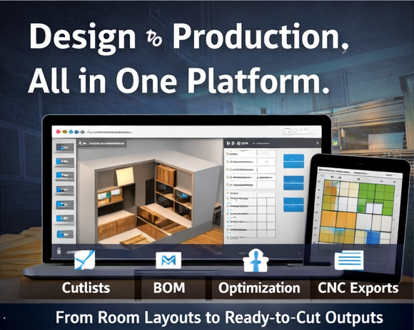 FMOS furniture manufacturing software workspace showing design to production workflow
