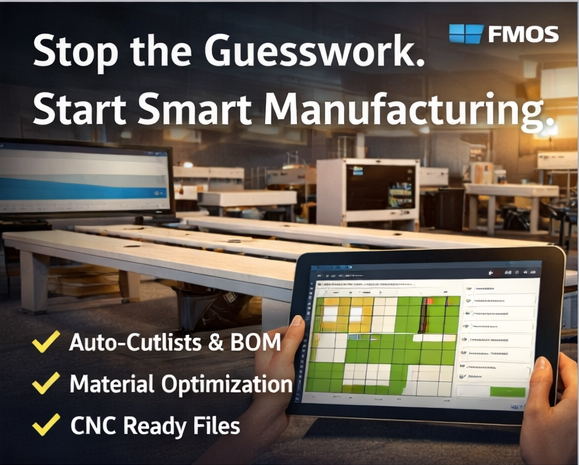 FMOS cutlist optimizer dashboard highlighting BOM, cutlists, and CNC-ready files