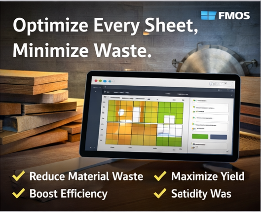 FMOS plywood cutting optimization interface focused on sheet yield and waste reduction