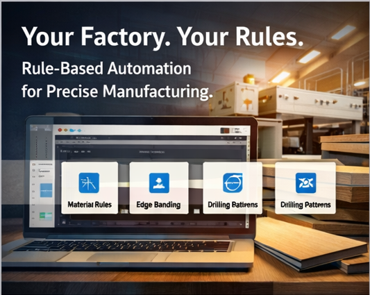 FMOS cabinet manufacturing software screen for material, edge banding, and drilling rules